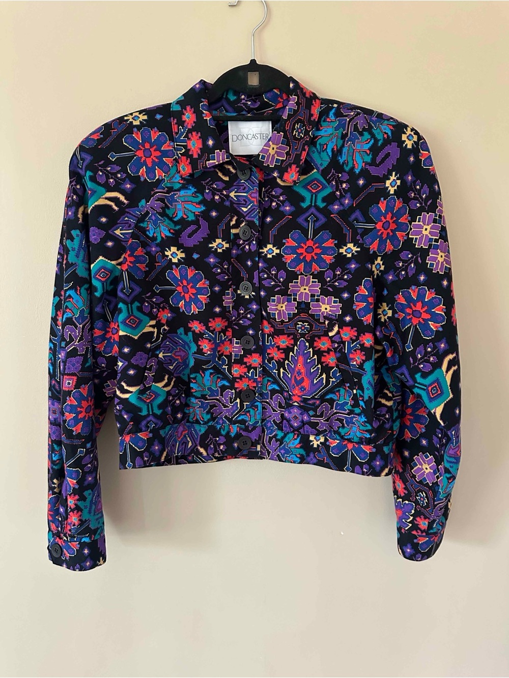 Vintage Floral Geometric Cropped Jacket 80s 90s Southwestern Print 100% Cotton S